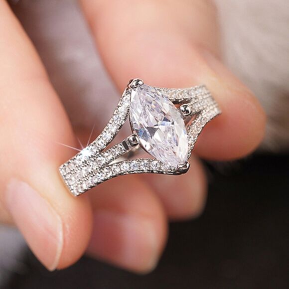 3Ct Marquise-Cut White Sapphire Halo Ring – Split Shank, 14K White Gold Plated - Picture 10 of 15